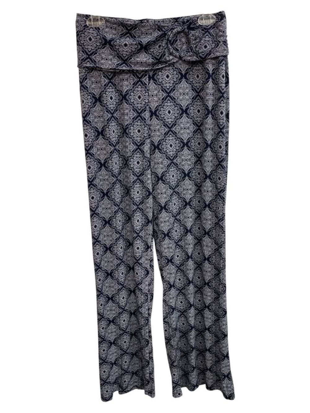 Nina Leonard Navy and White Wide Leg Printed Fold-Over Pants Size Xl